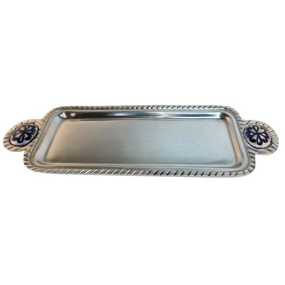 Decorative Aluminum Serving Tray With Hand-Painted Ceramic Talavar Handle Accent - Picture 2 of 11